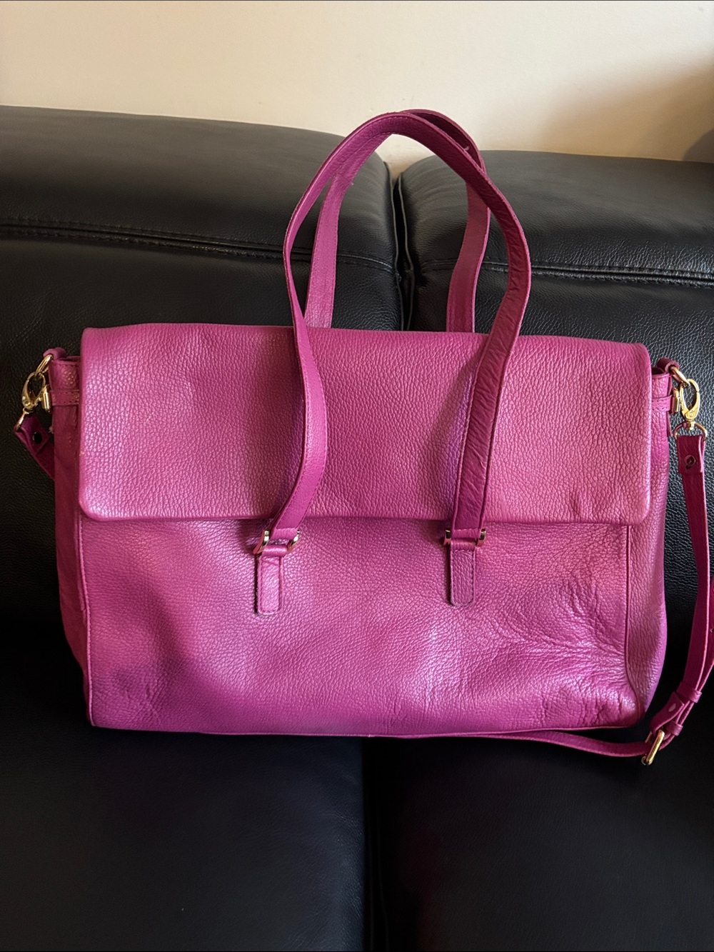 Women's Hot Pink Leather Laptop Tote with Removable Strap